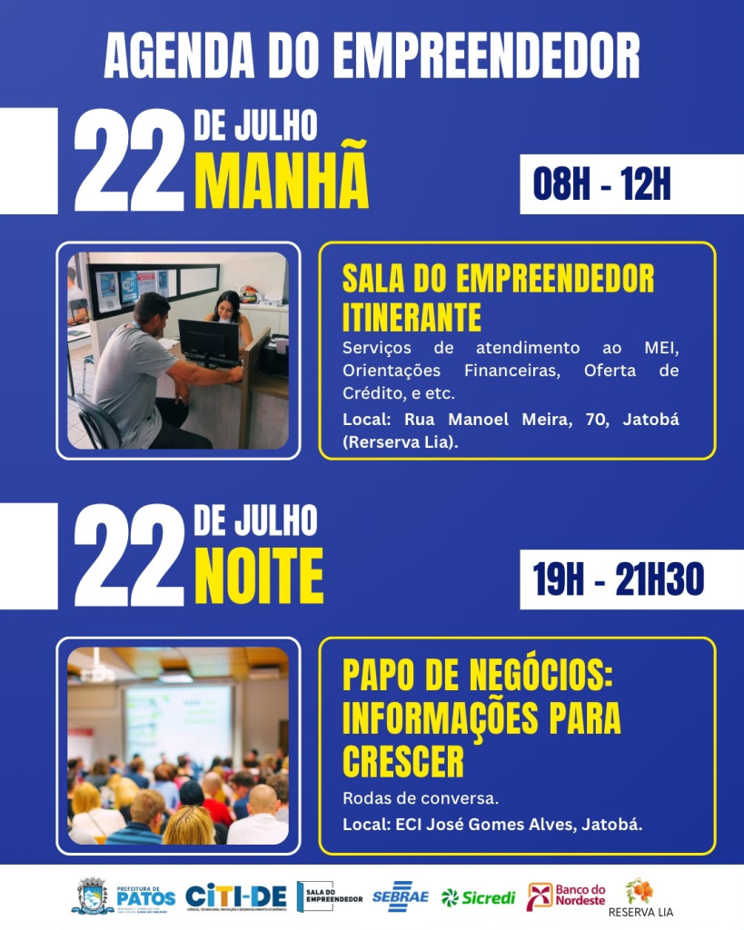Prefeitura de Patos lança Sala do Empreendedor Itinerante e leva serviços ao bairro Jatobá nesta quarta-feira (22)
