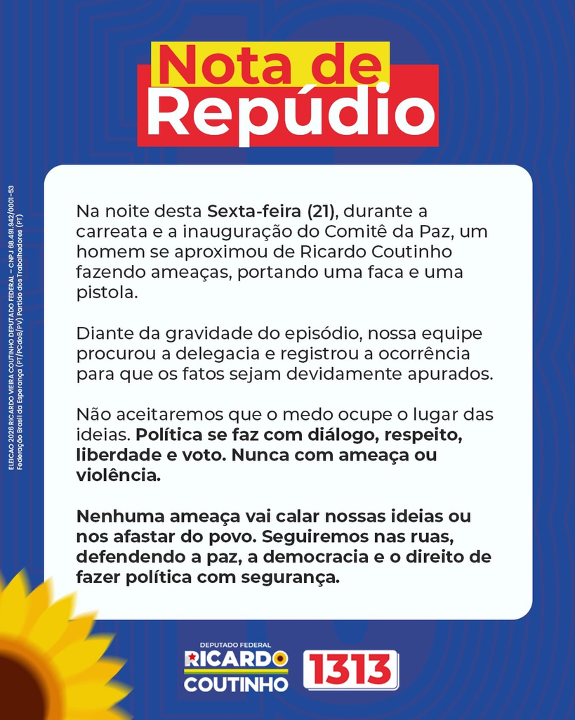 Campanha de Ricardo Coutinho registra ocorrência após episódio de ameaça em João Pessoa