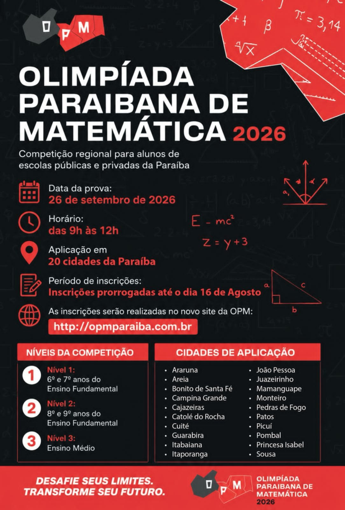 Olimpíada Paraibana de Matemática 2026 prorroga inscrições e terá provas em 20 cidades